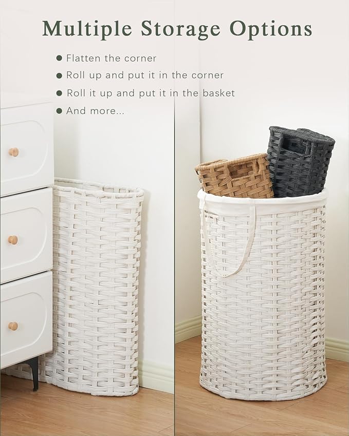 Laundry Basket Round Rattan Laundry Hamper 29.1 Gal(110 L) Handwoven Large Wicker Basket with Handles, Wicker Hamper with Removable Bags and 2 Mesh Bags for Bathroom Living Room White(No Lid)