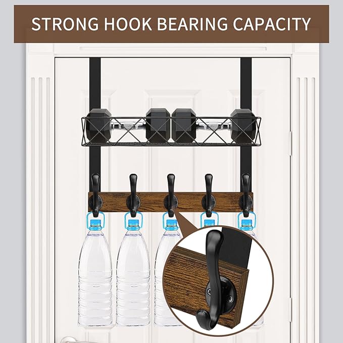 YINMIT Over The Door Hooks Organizer, Over The Door Hanger with Basket, Over The Door Towel Rack with 5 Metal Hooks, Over Door Hanger for Bathroom, Bedroom, Kitchen