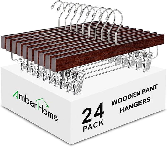 Amber Home 24 Pack Retro Wooden Pants Hangers with Clips, Walnut Wood Bottom Jeans Skirt Hanger, Clip Hanger for Trousers, Slacks, Shorts (Vintage, 24)