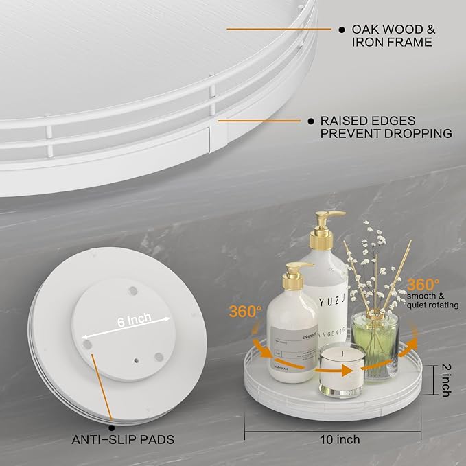 10" Oak Wood Lazy Susan Organizer, Lazy Susan for Cabinet Dining Table Pantry Wood Turntable Organizer Tray for Coffee Table Kitchen Countertop Salt Pepper Spice Organization and Storage Round White