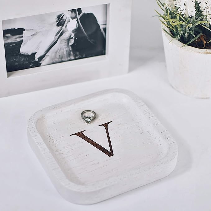 I'm Wooden Personalized Letter Catchall Valet Tray Trinket Dish Jewelry Tray Key Bowl Decorative Plate Organizing Ring Earrings Necklaces Bracelet Watch Coins Wallet Holder (6"x6" Sq White V)