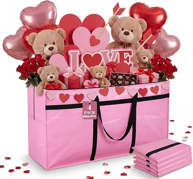 4 Pcs 96 Gallon Extra Large Moving Bags Heavy Duty Storage Bag with Strong Zipper Handle Foldable XXL Jumbo Storage Tote Packing Moving Box for College Dorm Travel Cloth Duffle (Pink)