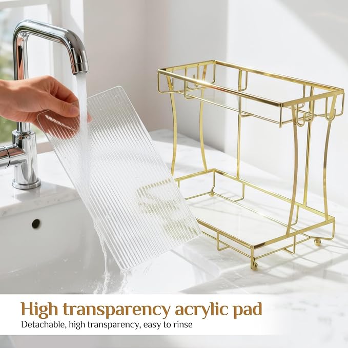 Bathroom Organizer Countertop Perfume Organizer Makeup Organizer Cosmetics Storage Display Rack Vanity Tray Dresser Steel Gold Shelf Transparency Wavy Acrylic Tray (2 Tier Golden)