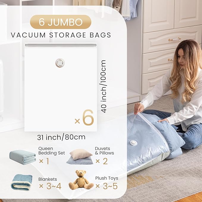TAILI 6 Pack Vacuum Storage Bags, Jumbo Vacuum Seal Bags for Clothing (40x31 Inch), Large Space Saver for Clothes, Pillows, Bedding, Sweater, Closet Organization