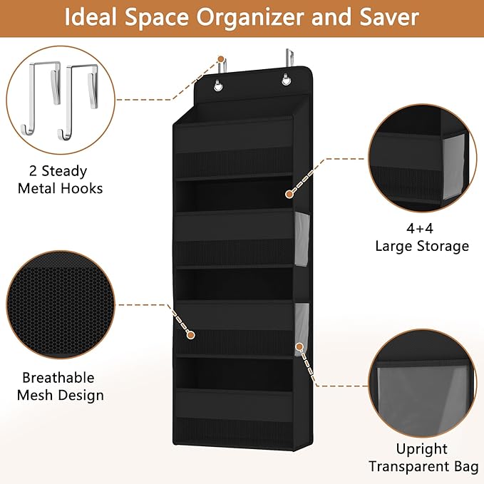 1 Pack 4-Tier Over the Door Organizer, Heavy-Duty Large Deep Pocket Hanging With 4 Large Front & 4 Side Pockets With for Pantry, Kitchen, Bathroom, Dorm, Black