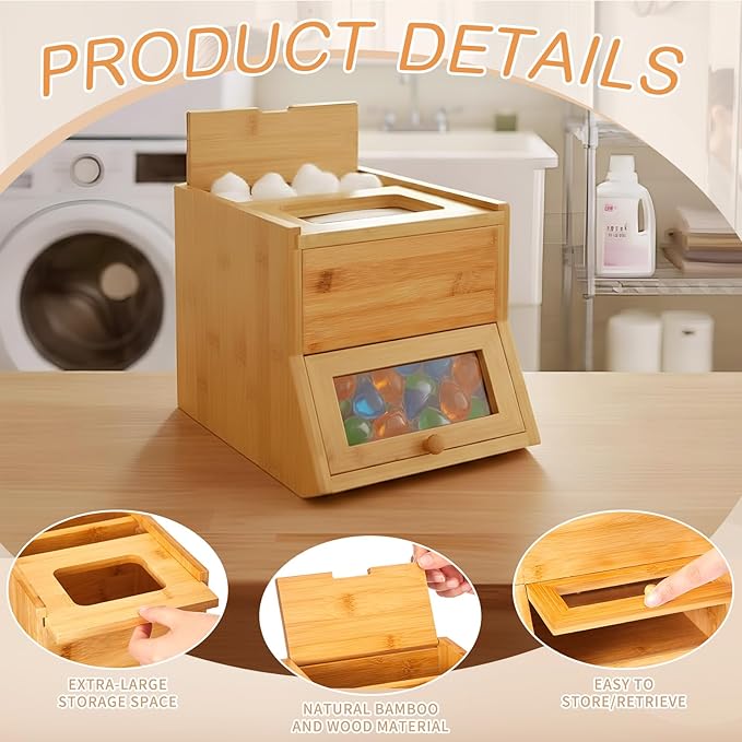 Bamboo Laundry Pods Container 10.6 x 8.3 x 6.9 Inch, 3 in 1 Multi Purpose Storage Organization Container for Laundry Pods, Facial Tissues, Disposable Gloves, Dryer Sheet Box