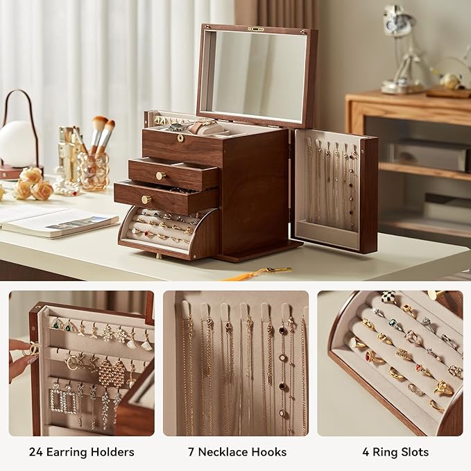 Black Walnut Wooden Jewelry Box, Wood Jewelry Organizer with 2 Side Doors Mirror Lockable Classical for Watch Necklace Ring Earring Valentine's Day Gifts-4 Layer with Curved Ring Grooves