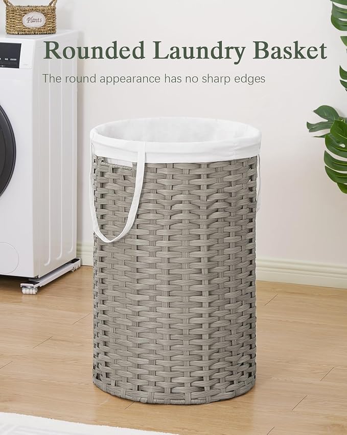 34.3 Gal (130 L) Large Laundry Hamper Laundry Basket Round Handwoven Wicker Laundry Baskets Rattan Laundry Basket with Removable Bag Handles 2 Mesh Bags for Living Room Bedroom Gray (No Lid)