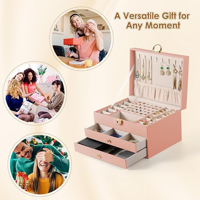 3 Layer Jewelry Box, Jewelry Holder with Lockable Drawer, Large Jewelry Boxes & Organizer with Velvet Earring Holder, Gifts for Mom Women
