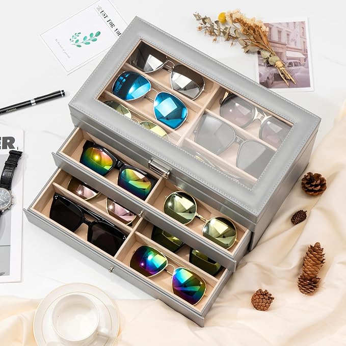 ProCase 3-layer Sunglasses Storage Organizer, 18 Slots Leather Sunglass Box Multiple Pairs Eyeglass Cases Eye Glass Eyewear Display Holder for Men Women, Father's Day Gift -Grey