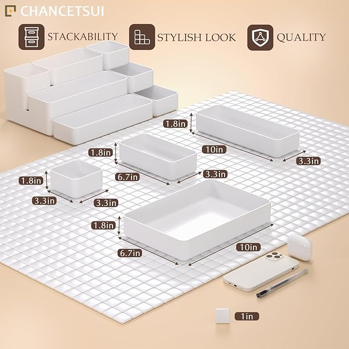 9 Pcs Stackable Drawer Organizer Trays Set, Multifunctional Stackable Storage Trays for Vanity, Bathroom, Kitchen, Desk Drawer Organizer Office. Plastic Drawer Organizers Available In 5 Colours, White