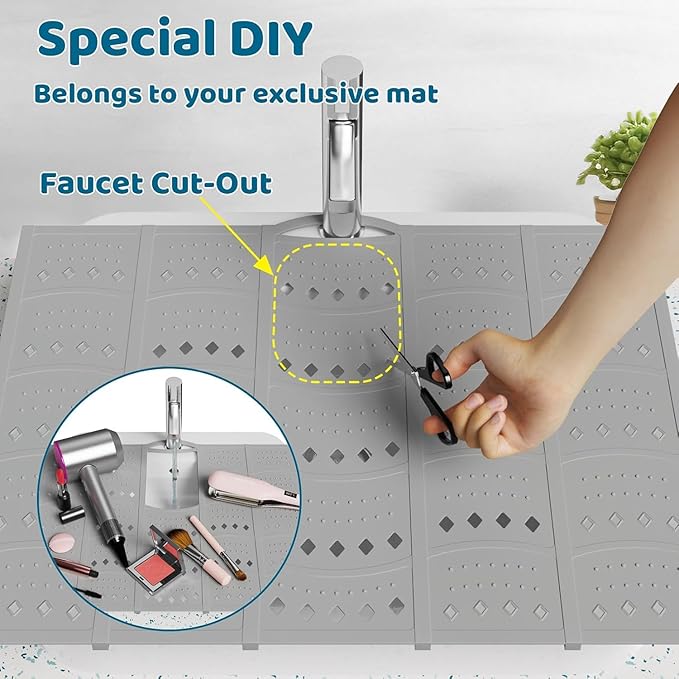 Bathroom Sink Cover for Counter Space, Foldable Silicone Sink Mat Makeup Organizer Mat Space Saver, Women’s Gifts for Valentines RV Camper Travel Must Haves Accessories, Grey