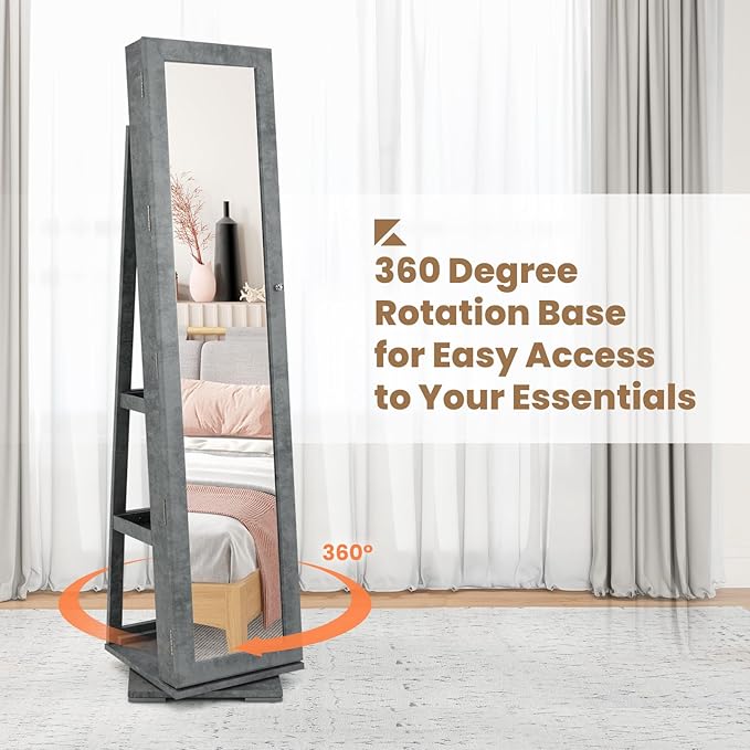 CHARMAID 360° Swivel Jewelry Armoire with Full Length Mirror, Standing Lockable Jewelry Cabinet Organizer, Large Storage Capacity, Inside Makeup Mirror, Back Storage Shelves (Stone Gray)