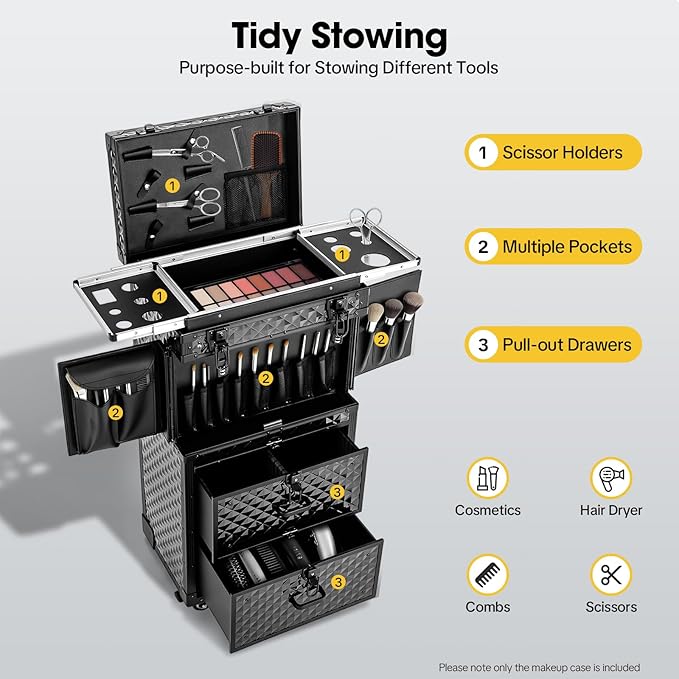 Hairdressing Rolling Case,Makeup Rolling Train Case,Cosmetic Case,Professional Barber Supplies Case,Hairdressing Tools Storage Case,Cosmetology Case with Wheels and Locks,Black