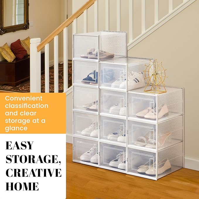 Shoe Storage Boxes, Stack Without Toppling Modular storage boxes combine freely for use in closets, under beds, hallways, and entryways. Space-saving. (Transparent, 12 Pack)