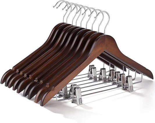 Wooden Hangers with Clips 24 PCS Pant Hangers with Clips,Smooth Solid Wooden Pants Hangers,360 Swivel Hooks & Adjustable Clips,for Jeans,Skirt,Suit,Shorts,Scarf.（Walnut）