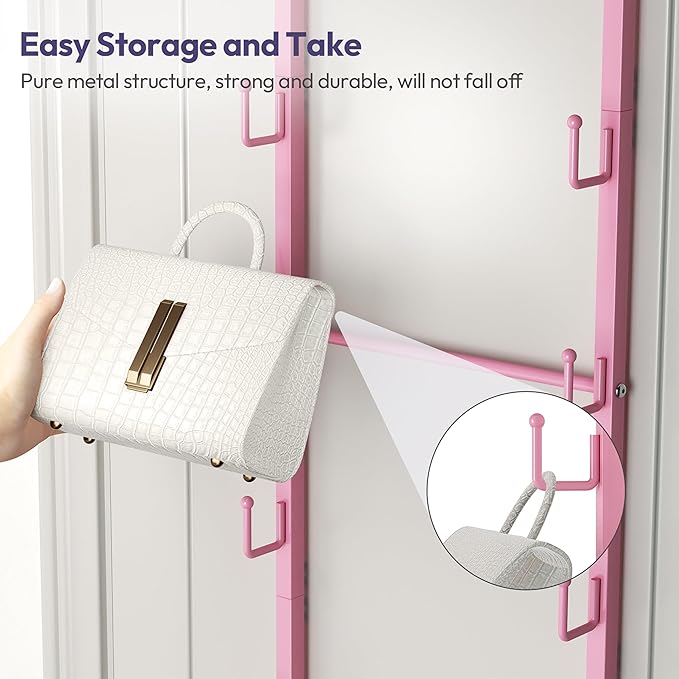 SWTYMIKI Over The Door Purse Organizer - Wall Mounted Handbag Organizer with 10 Hooks and Metal Basket, Hanging Purse Storage Rack Holds up to 10 Bags, Bag Rack Can Use As 1/2 Part, for Door, Closet