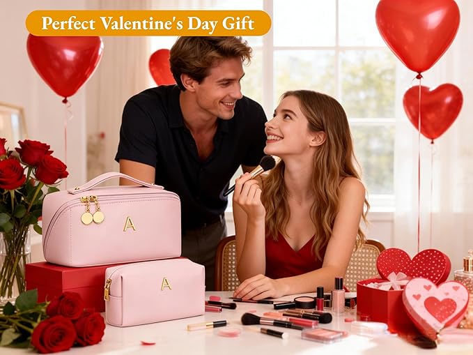 Valentine's Day Gifts for Women Teen Girl, Personalized Initial Makeup Organizer Bag Set, Open Flat Travel Cosmetic Bag With Clear Divider and Handle(Pink,K)