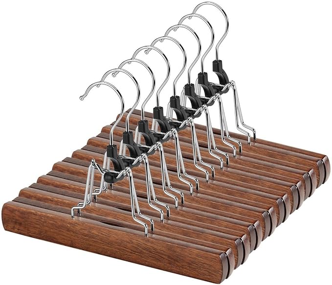 AMKUFO 20 Pack Wooden Pants Hangers with Clips Non Slip Skirt Hangers Trouser Clamp Hanger Solid Wood Hanger with 360° Swivel Hook Walnut