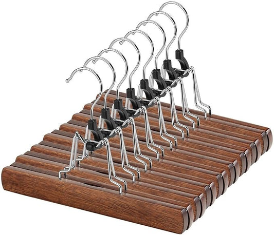 AMKUFO 20 Pack Wooden Pants Hangers with Clips Non Slip Skirt Hangers Trouser Clamp Hanger Solid Wood Hanger with 360° Swivel Hook Walnut