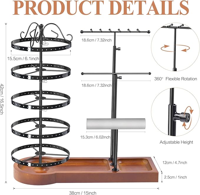 KALYLOC Jewelry Earring Holder Organizer, Adjustable 5 Tiers Rotating Earring Holder 3 Tier Necklace Holder with Wooden Base, Multi-Functional Jewelry Organizer Display Stand for Studs Bracelet Women