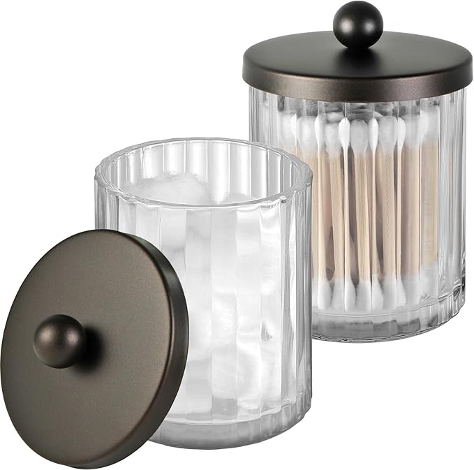 Amolliar Apothecary Jars Bathroom Vanity Storage Organizer Set, Countertop Canister with Stainless Steel Lid & Cute Stickers, Qtip Holder Dispenser for Cotton Swabs, Balls, Makeup Pads(Bronze, 2 Pack)