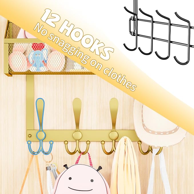 Over The Door Hooks Organizer, Coat Rack Over The Door Storage Hanger Towel Rack, Back of Door Storage Organizer for Bathroom,Bedroom,Kitchen,Office (Gold, 2-Tier)