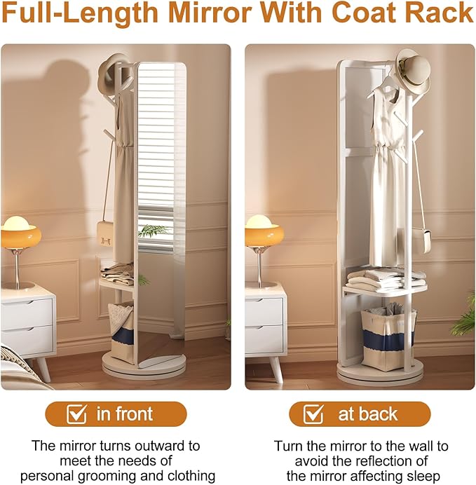 70"x19"Full Length Mirror with Stand,Coat Rack with Mirror,Solid Wood Floor Mirror,Swivel Mirrorfor Bedroom, Living Room, Cloakroom