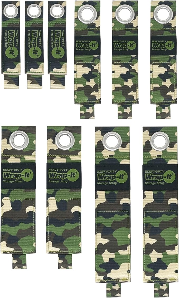 Heavy-Duty Wrap-It Storage Straps - Assorted 10-Pack (Camo) - Hook and Loop Storage Strap, Extension Cord Organizer, Hose, Cable Straps, Rope Organizer, Electrical, Hose, Garage Wall Hanger