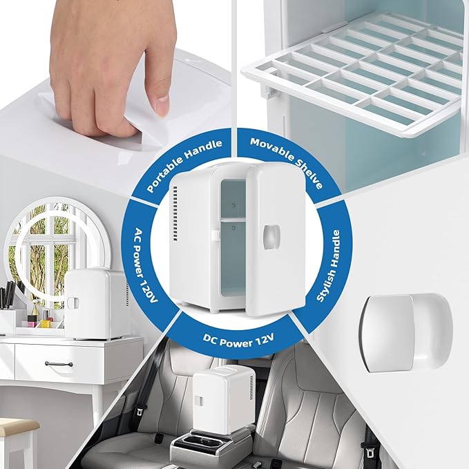 Compact Refrigerator, Portable Mini Fridge, Skin Care 4L Capacity/6 Cans, for Bedroom, Car, Office & Dorm, Small Cooler for Cosmetics, Beverage and Food, White