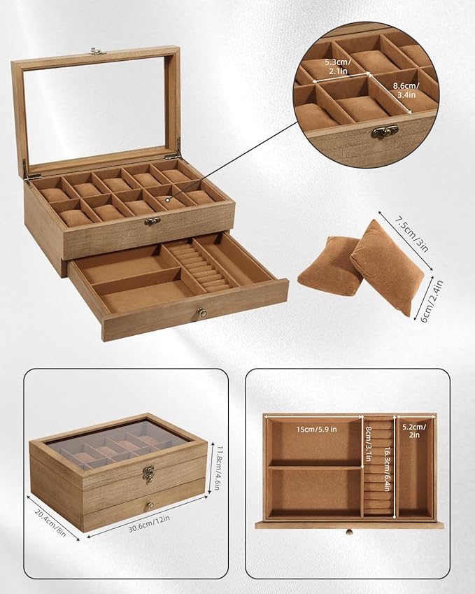 Uten 10-Slot Watch Box, 2-Layers Solid Wood Watch Display Case with Glass Lid, Watch Holder Organizer with Soft Pillow and Velvet Lining, Watch and Jewelry Storage Box, Brown