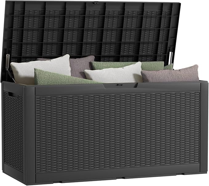 Vixzen 120 Gallon Waterproof Large Deck Box, Lockable Resin Outdoor Storage Box with Hydraulic Lid, Durable Storage Bin for Patio Furniture Cushions, Garden Tools, Pool Accessories, Black