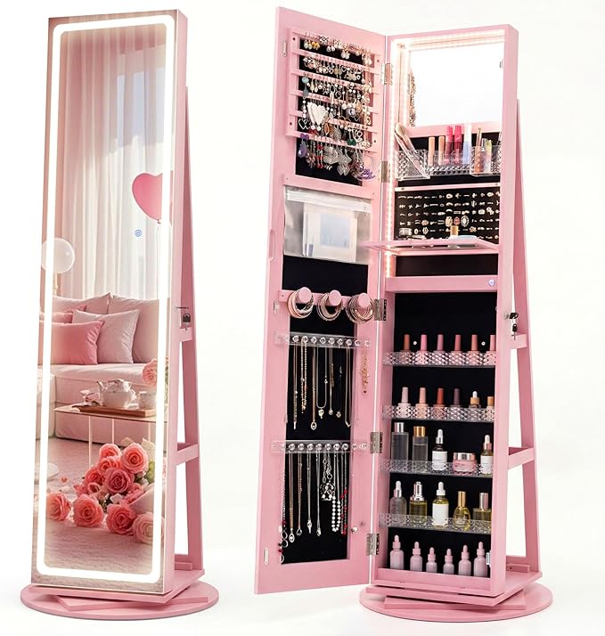 CHARMAID 360° Rotating Jewelry Armoire with LED Lighted Full Length Mirror & Built-in Vanity Mirror, Lockable Standing Jewelry Cabinet with Lights, Large Storage Organizer for Jewelry (Pink)