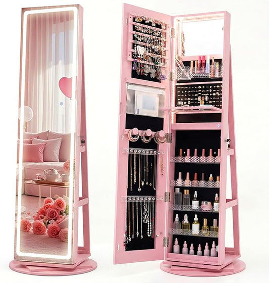 CHARMAID 360° Rotating Jewelry Armoire with LED Lighted Full Length Mirror & Built-in Vanity Mirror, Lockable Standing Jewelry Cabinet with Lights, Large Storage Organizer for Jewelry (Pink)