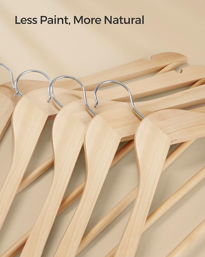 SONGMICS Wooden Hangers, Pack of 36, Coat Hangers, Non-Slip, Pants Bar, 360° Swivel Hooks, for Jackets, Shirts, Coats, Natural Wood UCRW010N36