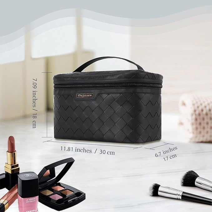 Dajasan Makeup Bag Cosmetic Bag, Travel Makeup Bag, Large Capacity Makeup Organizer Case, Portable Travel Toiletry Bag for Women Girls, PU Leather Waterproof (Black)