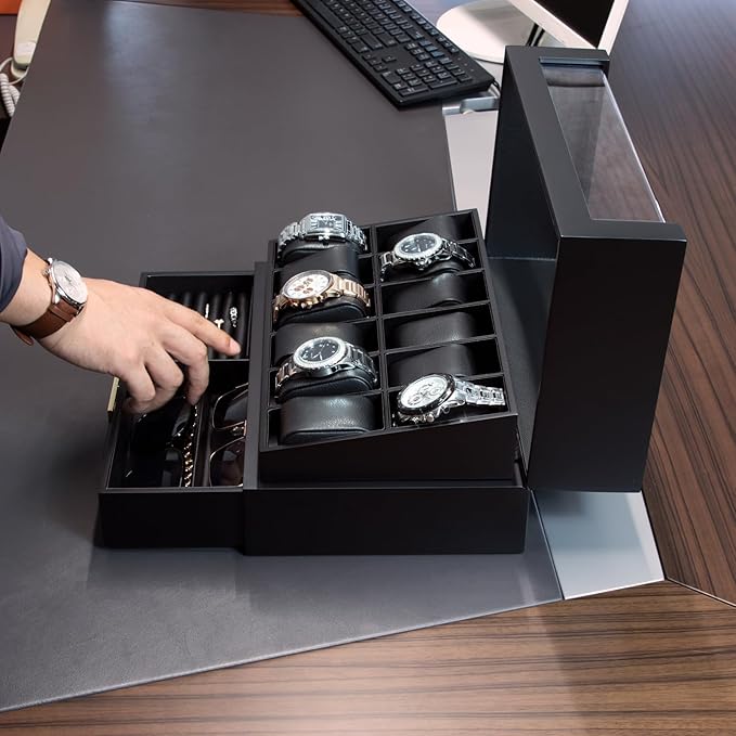 High End Watch Box for Men, 12 Slot Wooden Watch Case With Drawer, Watch Display Box with Glass Lid, 2-Layer Watch Holder for Jewelry and Watch Storage for Men Women , Ideal for Gift (With Gift Box)