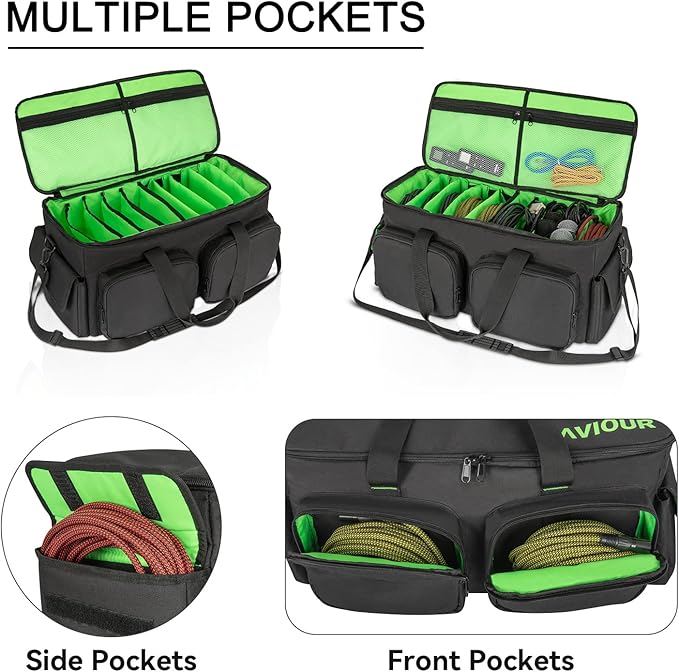 SAVIOUR DJ Cable File Bag, Detachable Padded Bottom and Adjustable Dividers, Stores Music, Audio, and Visual Cabling, Portable Travel Storage and Studio Organization (Green)