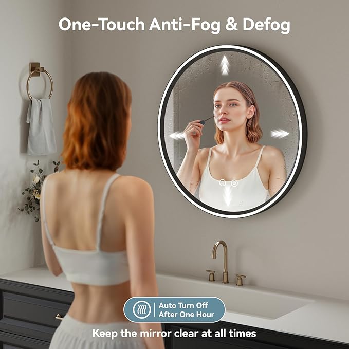 Led Bathroom Mirror with Lights, 30'' Round Heavy Duty Aluminum Frame Bathroom Vanity Mirror with Lights, 3 Colors, Brightness Stepless Dimmable, Anti-Fog, Memory Function, Single LED Black