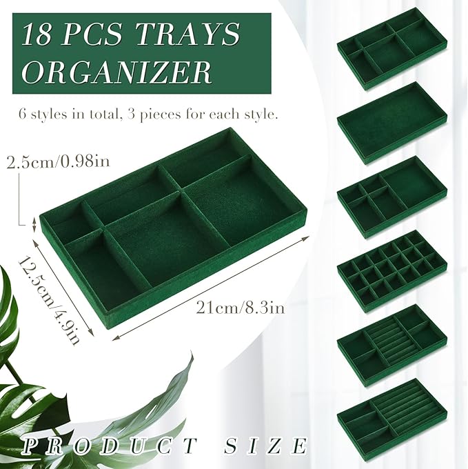 Junkin 18 Pcs Velvet Jewelry Tray Stackable Jewelry Drawer Organizer Jewellery Box Divided Display Tray for Earring Bangle(Dark Green)