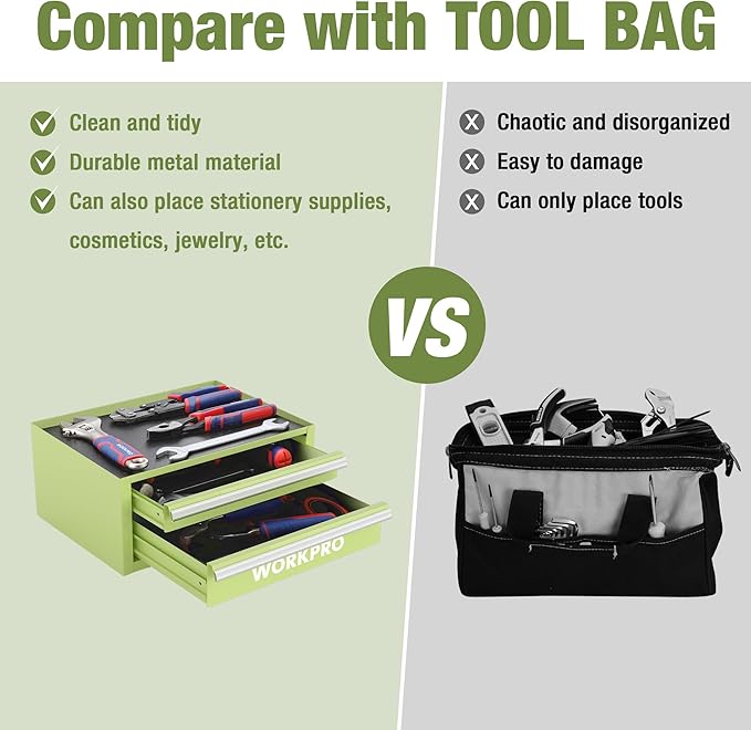 WORKPRO 12.5" Mini Tool Box with 2 Drawers & 1 Open Top Storage, Small Metal Tool Chest with PVC Liners & PP Feet Pads, Cold Rolled Steel Toolbox with Drawer Liners & Magnetic Tabs