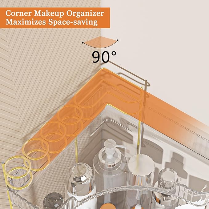 Webetop Corner Makeup Organizer for Vanity, 2 Tier Bathroom Cosmetics Organizer Countertop with Make up Brush Holder Corner Counter Storage Skincare Organizer for Bathroom Dresser Toiletry(Clear)
