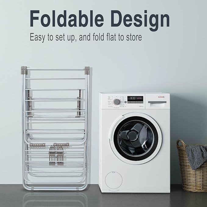 Clothes Drying Rack, Foldable 2-Level Laundry Racks for Drying Clothes Rack,Stainless Steel Drying Rack Clothing Collapsible for Indoor Outdoor,with Height-Adjustable Wings,Gray