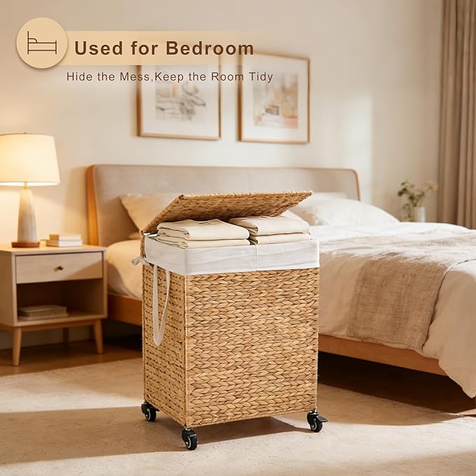 2-Section Laundry Hamper with Lid, Large Capacity Woven Natural Water Hyacinth Laundry Sorter with Removable Liners, Rolling or Non-Slip Design for Bedroom(Natural, 2-Section)