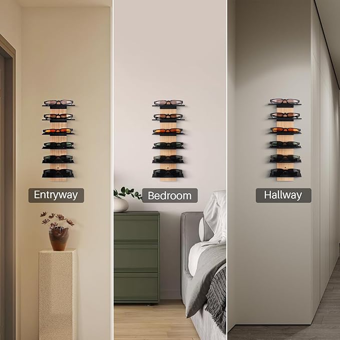 SEKSON Sunglasses Organizer for Wall, Solid Wood Sunglass Holder Display Rack, 6 Tier Eyeglasses Storage Shelf for Entryway, Living Room, Retail Showcase (1 Pack)