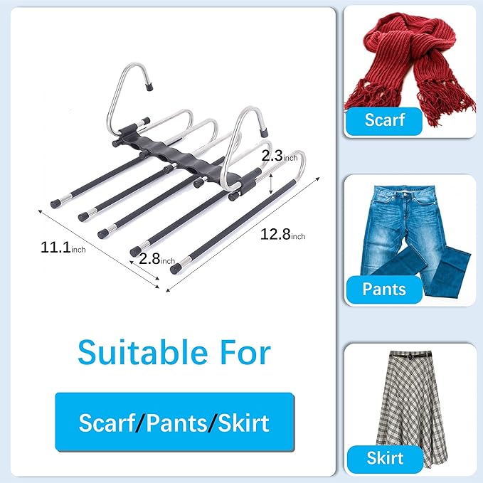 Magic Pants Hangers Space Saving - 2 Pack for Closet Multiple Layers Multifunctional Uses Rack Organizer for Trousers Scarves Slack (2 Pack with 10 Metal Clips)