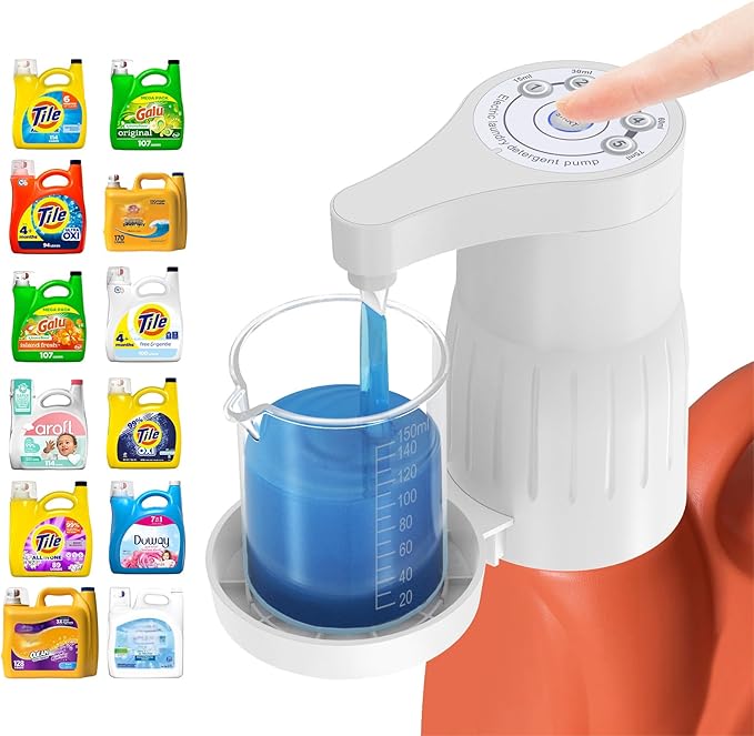 Electric Laundry Detergent Pump - Reusable Laundry Detergent Dispenser with Graduated Cup for Liquid Detergent, USB Rechargeable, Ideal for Laundry Room Organization (White)