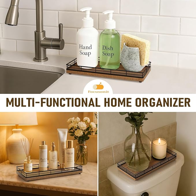 Bathroom Vanity Tray – 12" x 6" Acacia Decorative Wooden Tray for Toilet Tank Organizer Wood Tray for Bathroom Countertop, Soap, Perfume Accessories Storage, Vanity Dresser Decor Black & Acacia