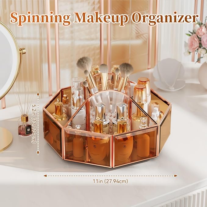 360° Rotating Makeup Organizer Spinning Vanity Organizer with Makeup Brush Holder for Countertop, Bathroom Storage, Skincare, Perfume & Cosmetic Organizer for Vanity Amber