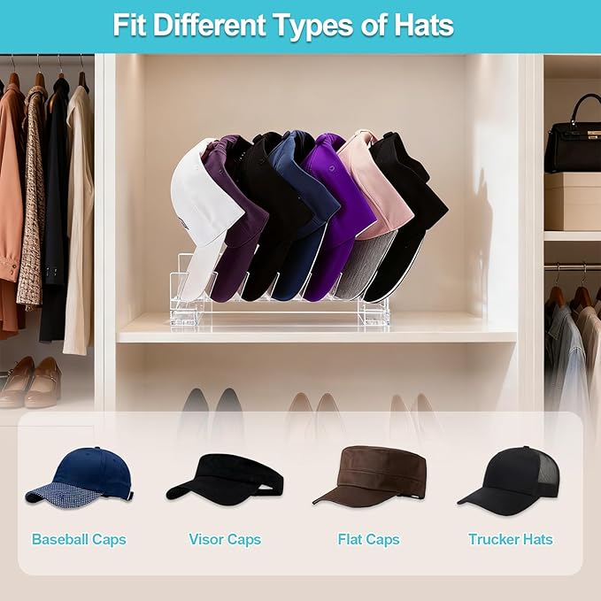 FAMOVELL® 4 Pack Acrylic Hat Organizer for Baseball Caps, Clear Hat Stand for Closet Dresser Bedroom and Shelf - Non-Slip Cap Holder Displays and Holds Up to 28 Tennis or Trucker Hats